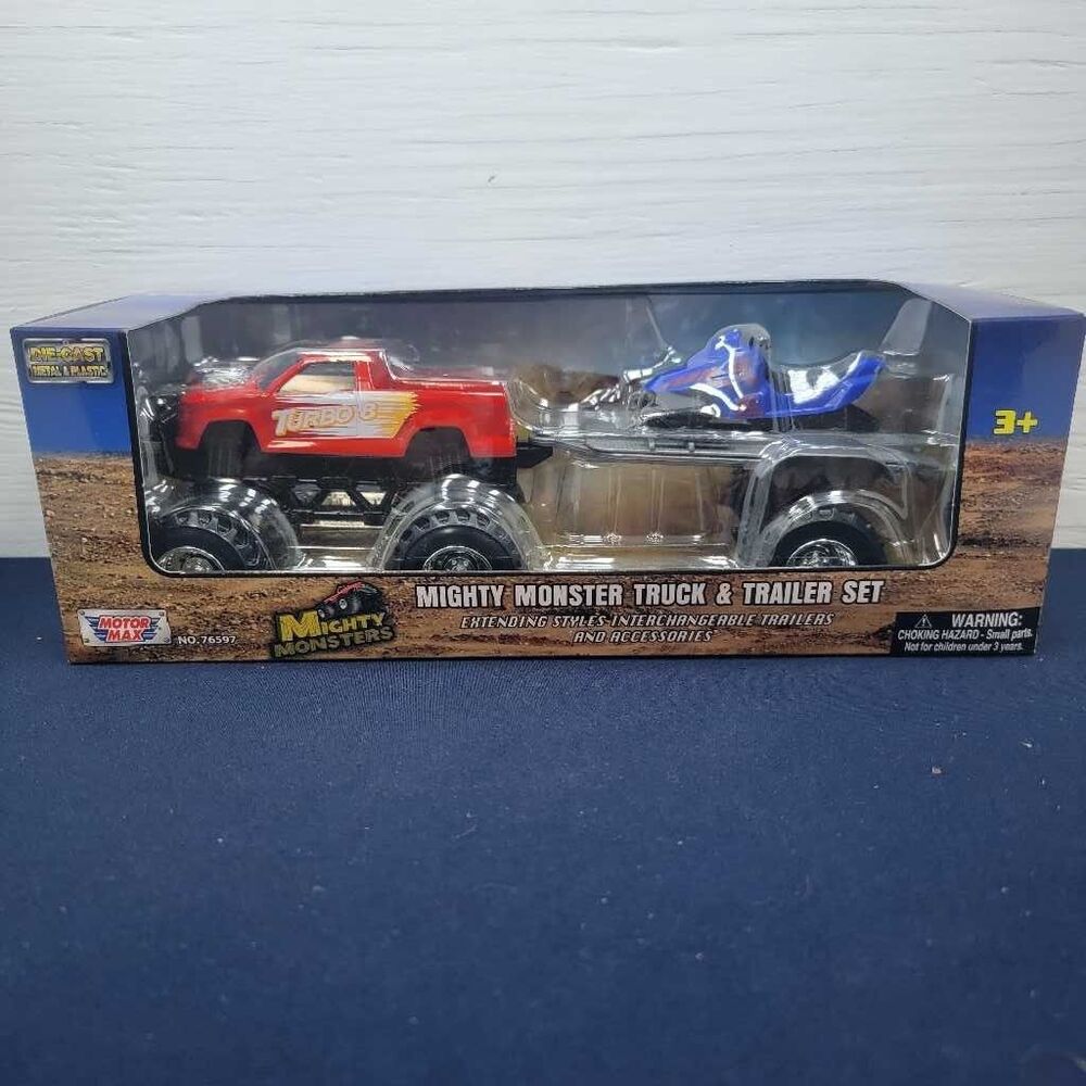 Motor Max Mighty Monster Truck Trailer Set Die Cast Metal Plastic Red Blue